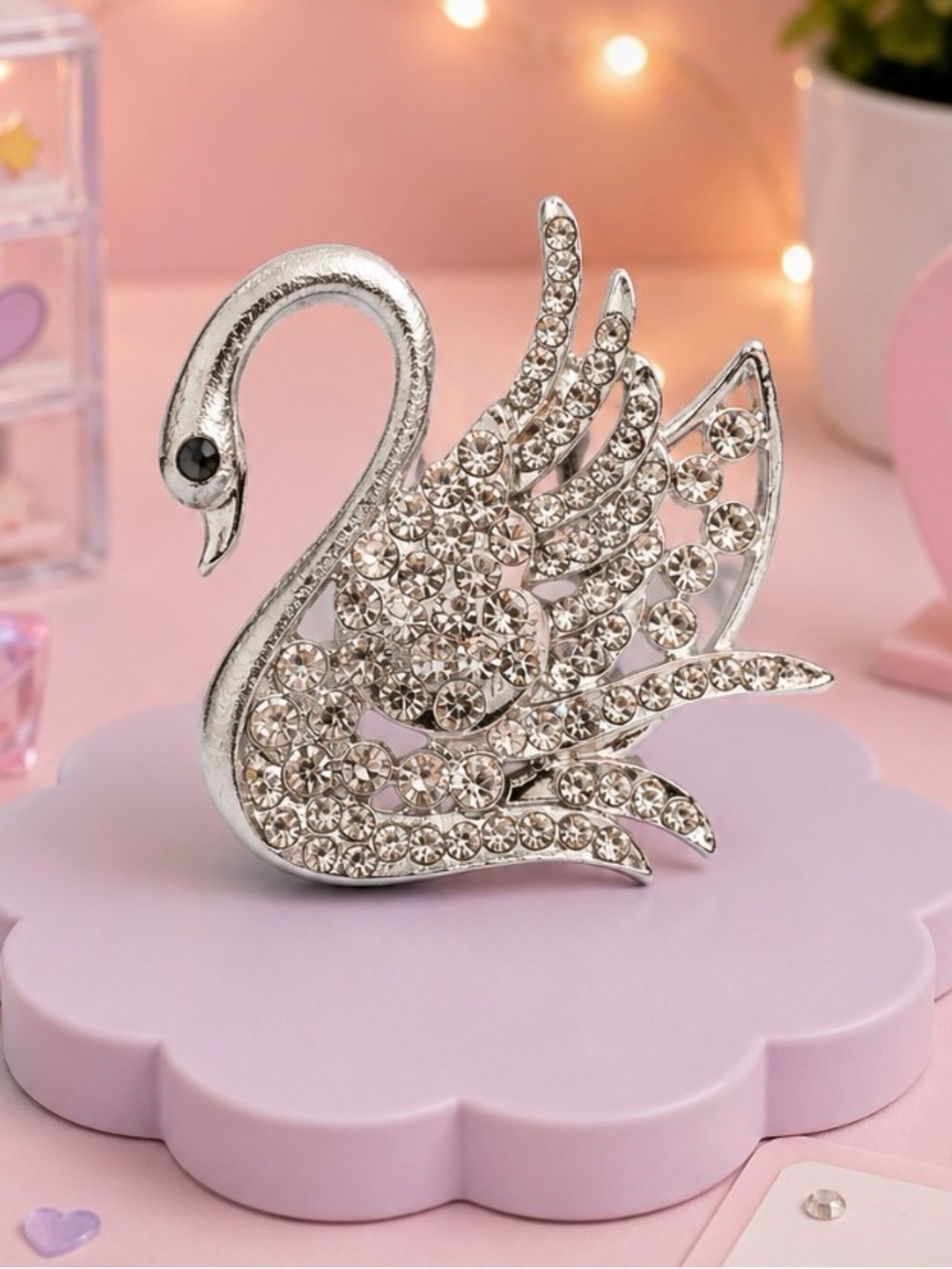 Crystal Swan Brooch - Silver Tone with Clear Rhinestones